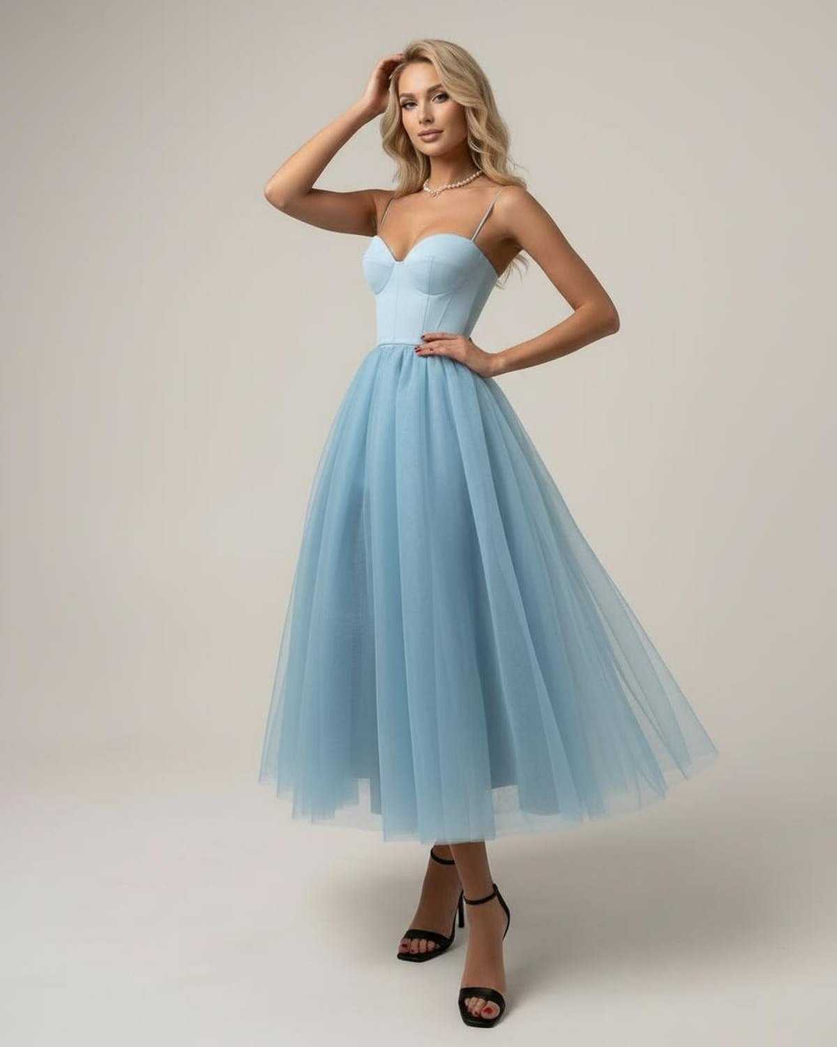 Haze Midi Dress in serene blue, 100% polyester tulle, structured bodice, perfect for elegant occasions by RAMBLION.