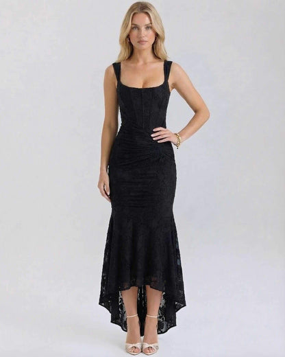 Hedy Maxi Dress, black ankle-length, square neck, elegant style, perfect for special occasions by RAMBLION.