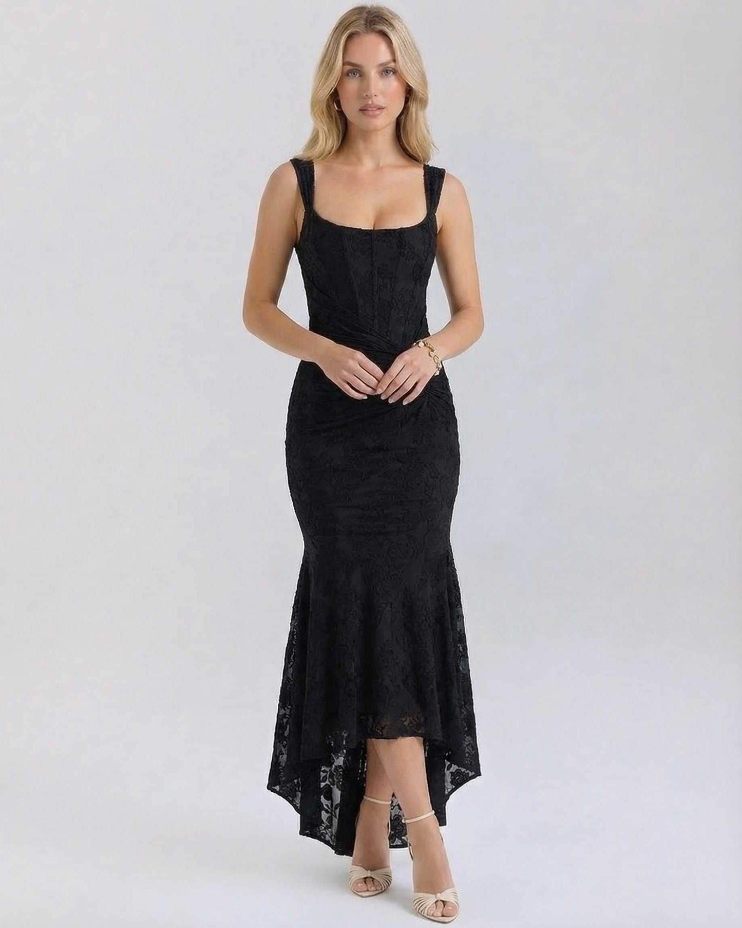 Hedy Maxi Dress by RAMBLION, black ankle-length, square neck, floral pattern, elegant silhouette, perfect for special occasions.