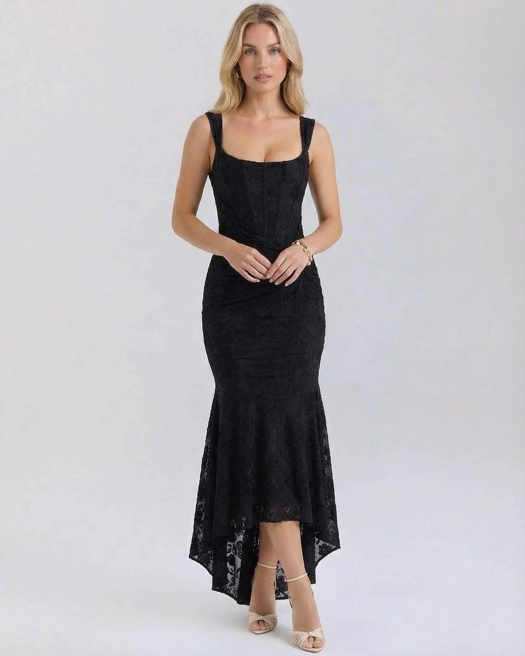 Hedy Maxi Dress by RAMBLION, black ankle-length, square neck, floral pattern, elegant silhouette, perfect for special occasions.