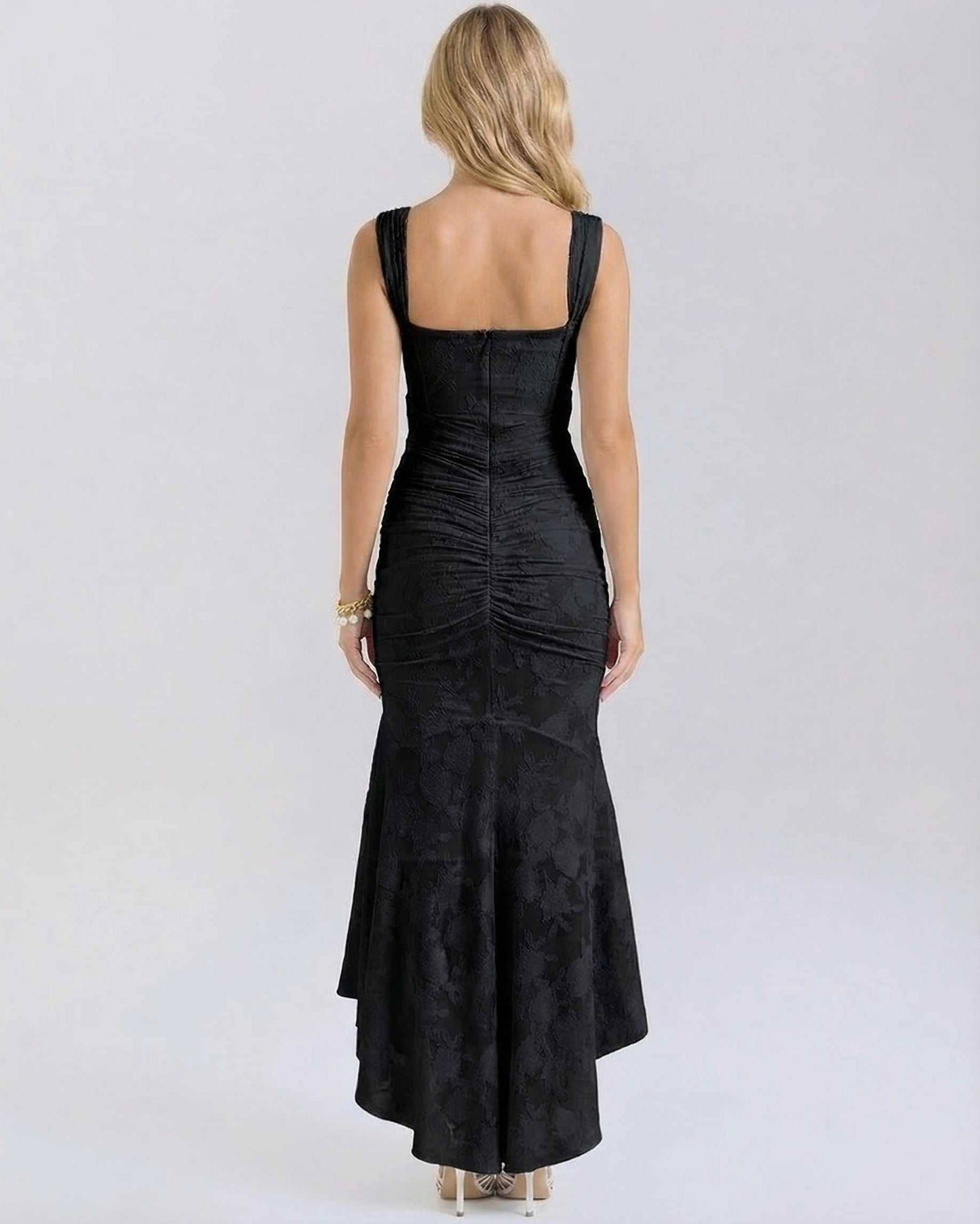Hedy Maxi Dress, black ankle-length, square neck, floral jacquard, elegant fit, by RAMBLION.