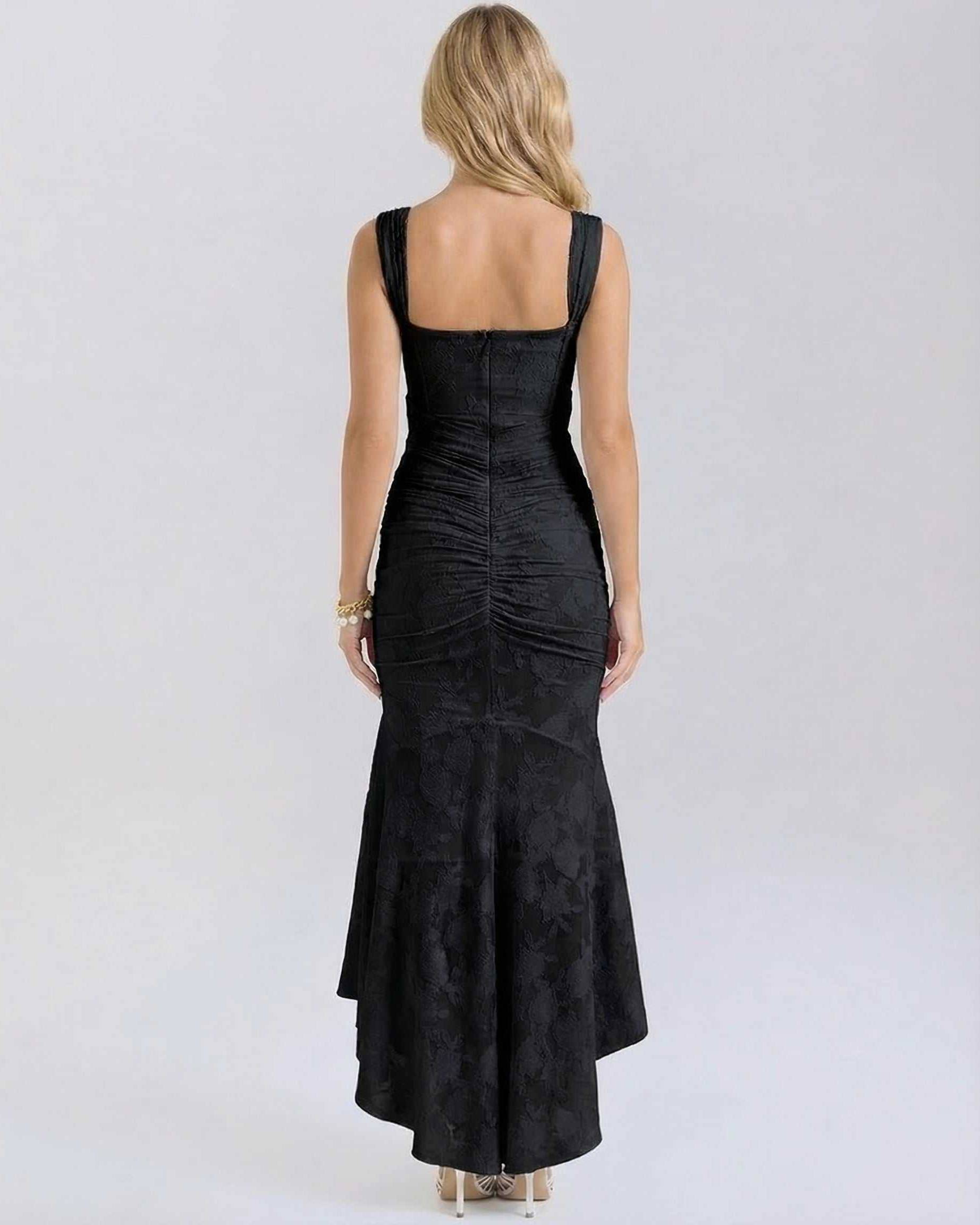 Hedy Maxi Dress, black ankle-length, square neck, floral jacquard, elegant fit, by RAMBLION.