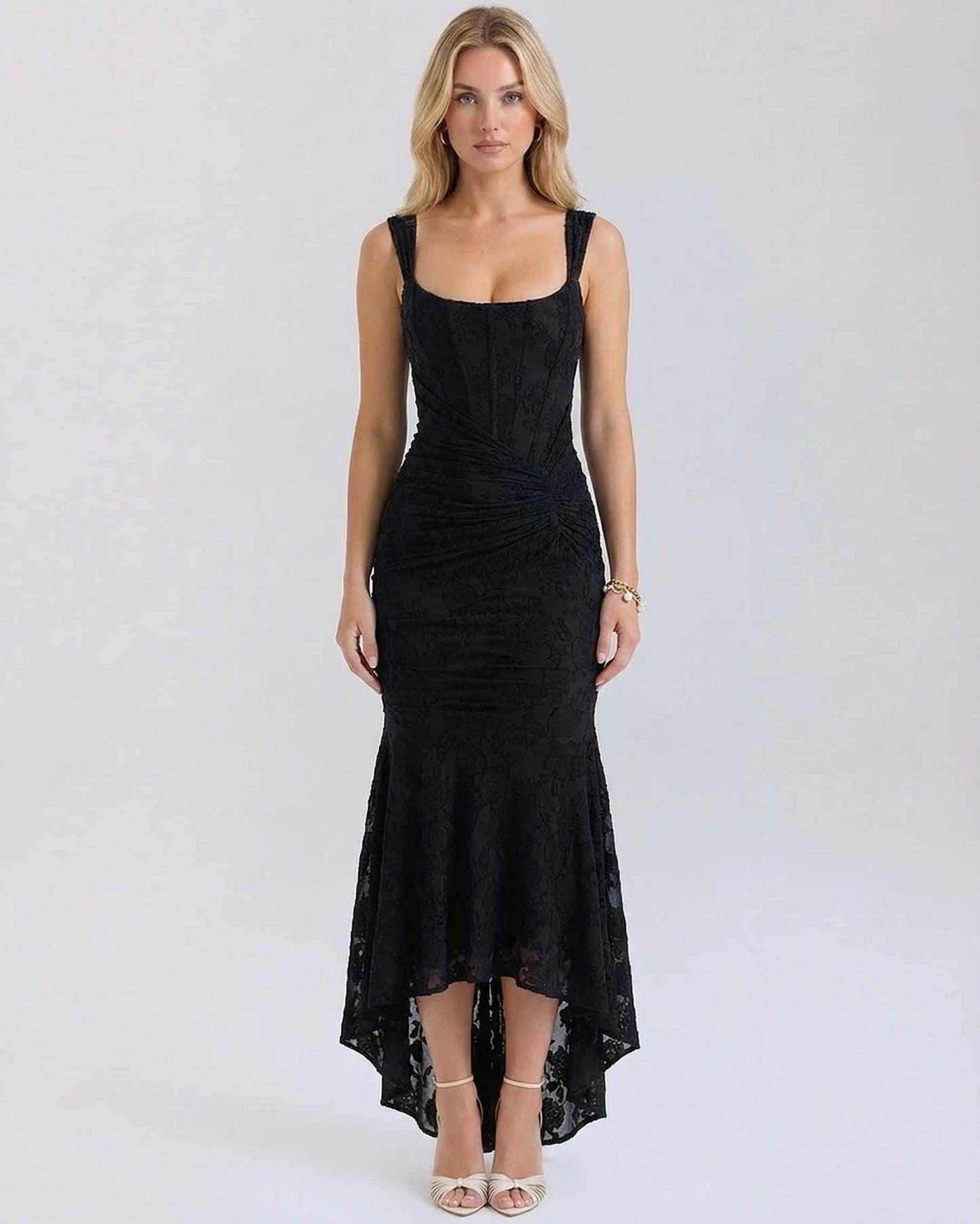 Hedy Maxi Dress, black ankle-length, square neck, floral pattern, RAMBLION, elegant silhouette, perfect for special occasions.
