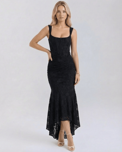 Hedy Maxi Dress in black, featuring a square neckline, wide straps, perfect for elegant occasions by RAMBLION.