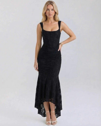 Hedy Maxi Dress in black with square neckline, wide straps, and floral pattern, perfect for elegant occasions by RAMBLION.