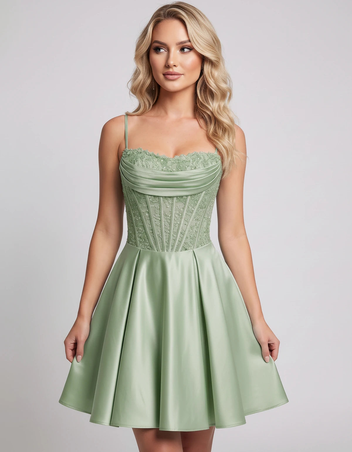 Helvia Mini Dresses — Sage Green | SKU: RB-91f4af-sagegr01-2,RB-91f4af-sagegr01-4,RB-91f4af-sagegr01-6,RB-91f4af-sagegr01-8,RB-91f4af-sagegr01-10,RB-91f4af-sagegr01-12,RB-91f4af-sagegr01-14,RB-91f4af-sagegr01-0,RB-91f4af-sagegr01-16,RB-91f4af-sagegr01-16W,RB-91f4af-sagegr01-18W,RB-91f4af-sagegr01-20W
