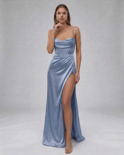 Herringbone Maxi Dress by RAMBLION in silky blue satin, featuring a sweetheart neckline, perfect for special occasions.