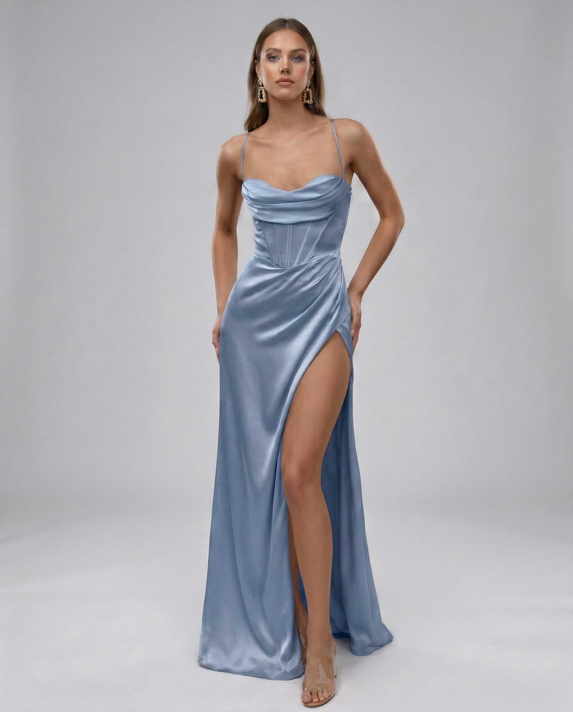 Herringbone Maxi Dress by RAMBLION in luxurious blue satin, perfect for special occasions with a stunning silhouette.