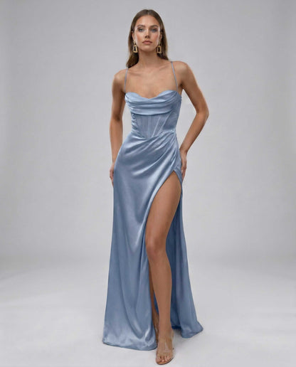 Herringbone Maxi Dress by RAMBLION in luxurious blue satin, perfect for special occasions with a stunning silhouette.