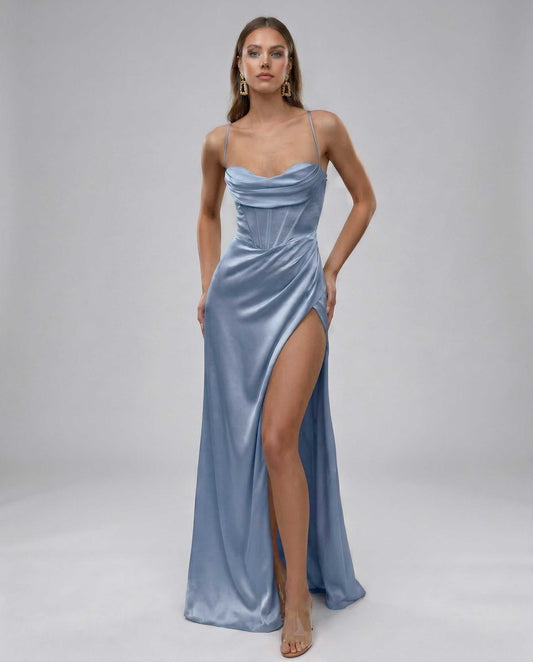 Herringbone Maxi Dress by RAMBLION in luxurious blue satin, perfect for special occasions with a stunning silhouette.
