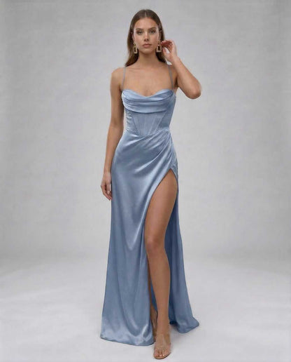 Herringbone Maxi Dress in blue satin, sweetheart neckline, elegant fit for special occasions by RAMBLION.