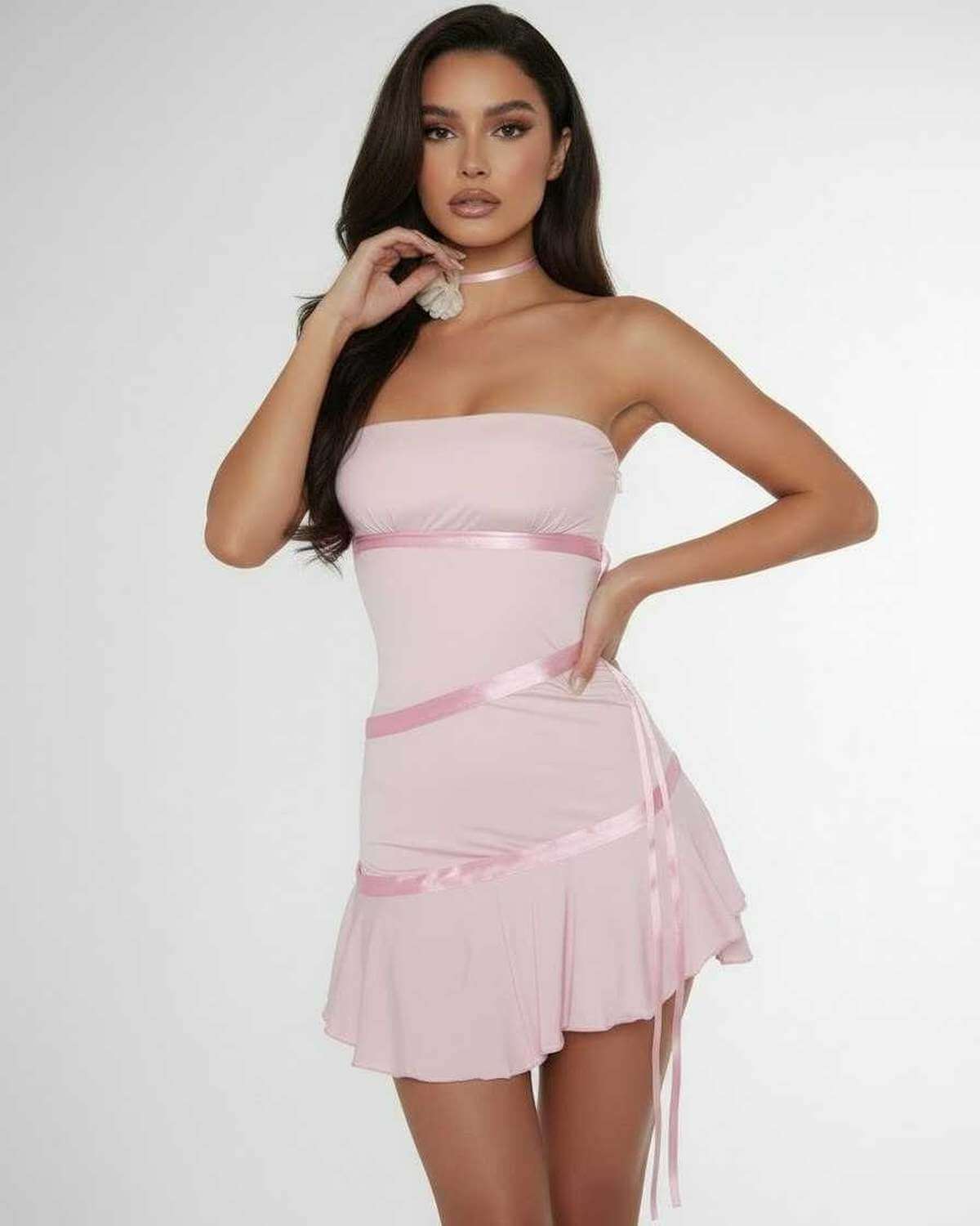 Herringbone Mini Dress by RAMBLION, strapless light pink satin dress with ribbon detailing, perfect for summer occasions.
