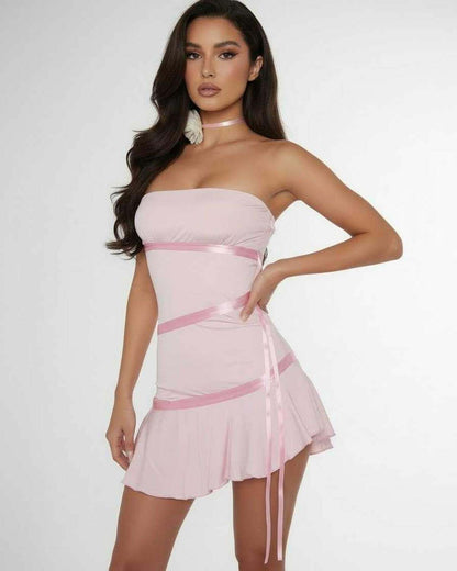 Herringbone Mini Dress, pink satin strapless dress, feminine style, perfect for summer parties, by RAMBLION.
