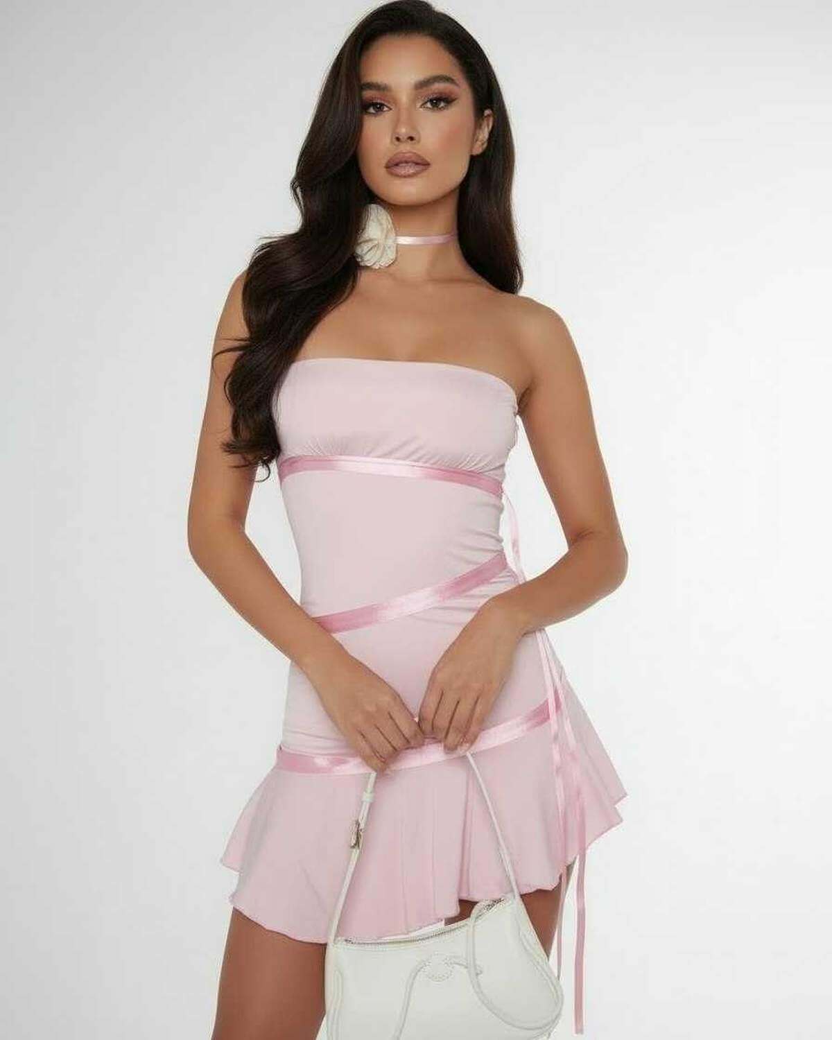 Herringbone Mini Dress in light pink with satin ribbon detailing, perfect for summer occasions by RAMBLION.