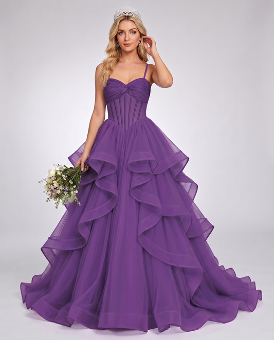 Organza Spaghetti Strap Sweetheart A-Line Ball Gown Maxi Dress for Party, Cocktail, Evening, Wedding Guest & Summer Events in