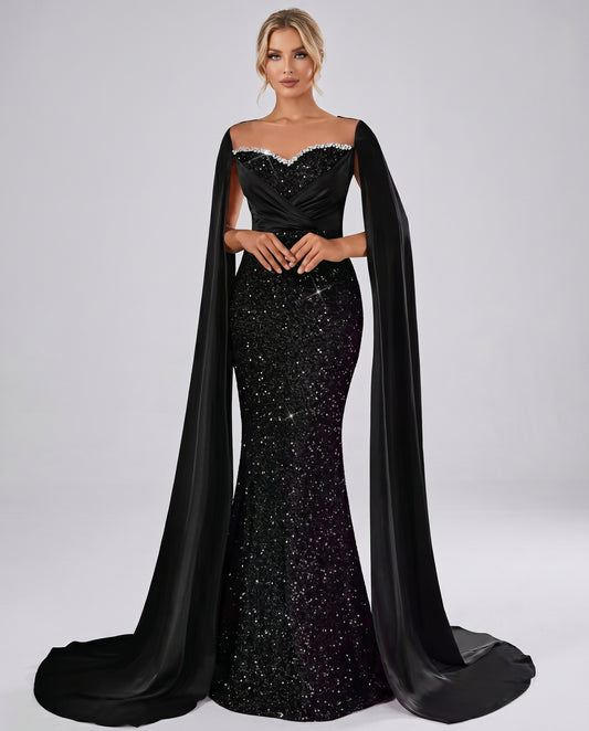 Sequin Cape Sleeve Sweetheart Mermaid Maxi Dress for Party, Cocktail, Evening, Wedding Guest, Prom & Summer Events in Black, 
