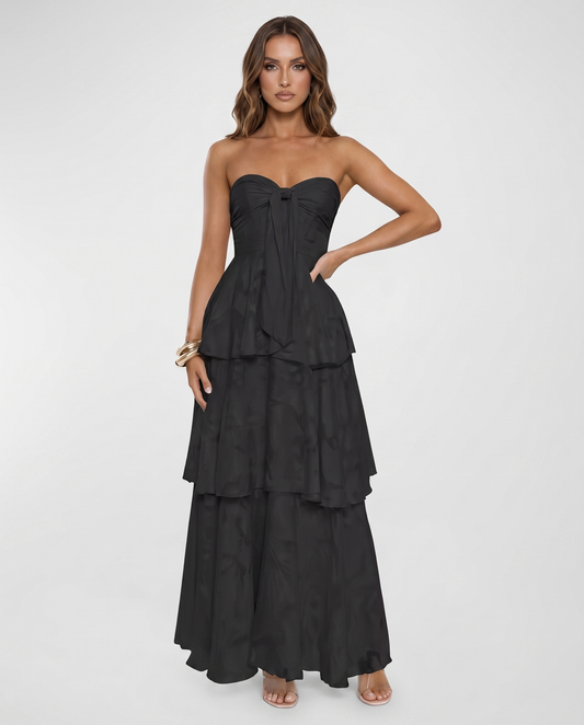 Chiffon Blend Strapless Sweetheart Tiered A-Line Maxi Dress for Party, Cocktail, Evening, Wedding Guest & Summer Events in Bl