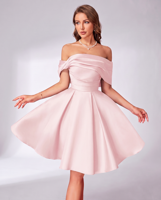 Satin Off-Shoulder Ruched A-Line Mini Dress for Party Cocktail Evening Summer Wedding Guest Homecoming Graduation Elegant Sho