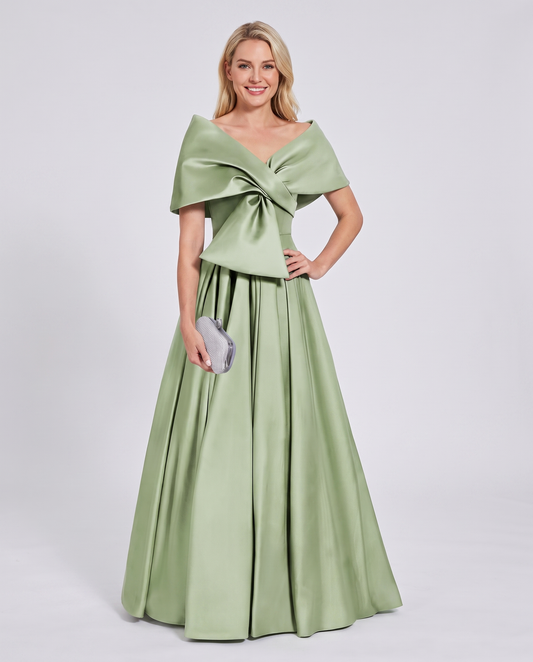 Satin Short Sleeve Off-Shoulder A-Line Maxi Dress for Party, Cocktail, Evening, Wedding Guest, Summer Formal Events in Sage, 