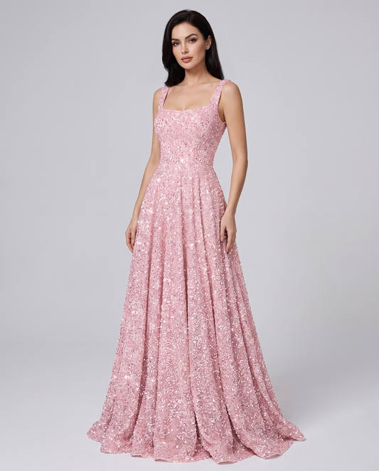 Sequin spaghetti strap square neck A-line floor length maxi dress for party, cocktail, evening, wedding guest, summer formal 