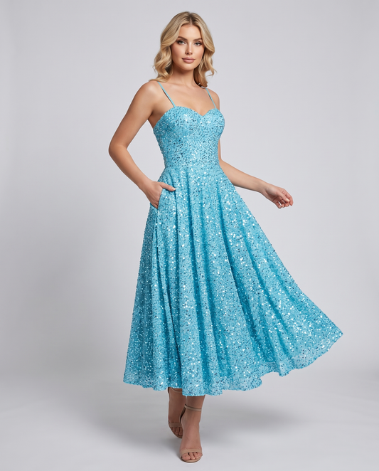 Sequin Spaghetti Strap Sweetheart A-Line Midi Dress with Pockets for Party, Cocktail, Evening, Wedding Guest, Graduation & Su