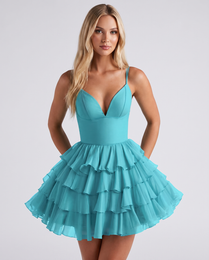 Chiffon Spaghetti Strap Deep V Neck Tiered Ruffle Mini Dress for Homecoming, Graduation, Cocktail, Party, Evening and Summer 
