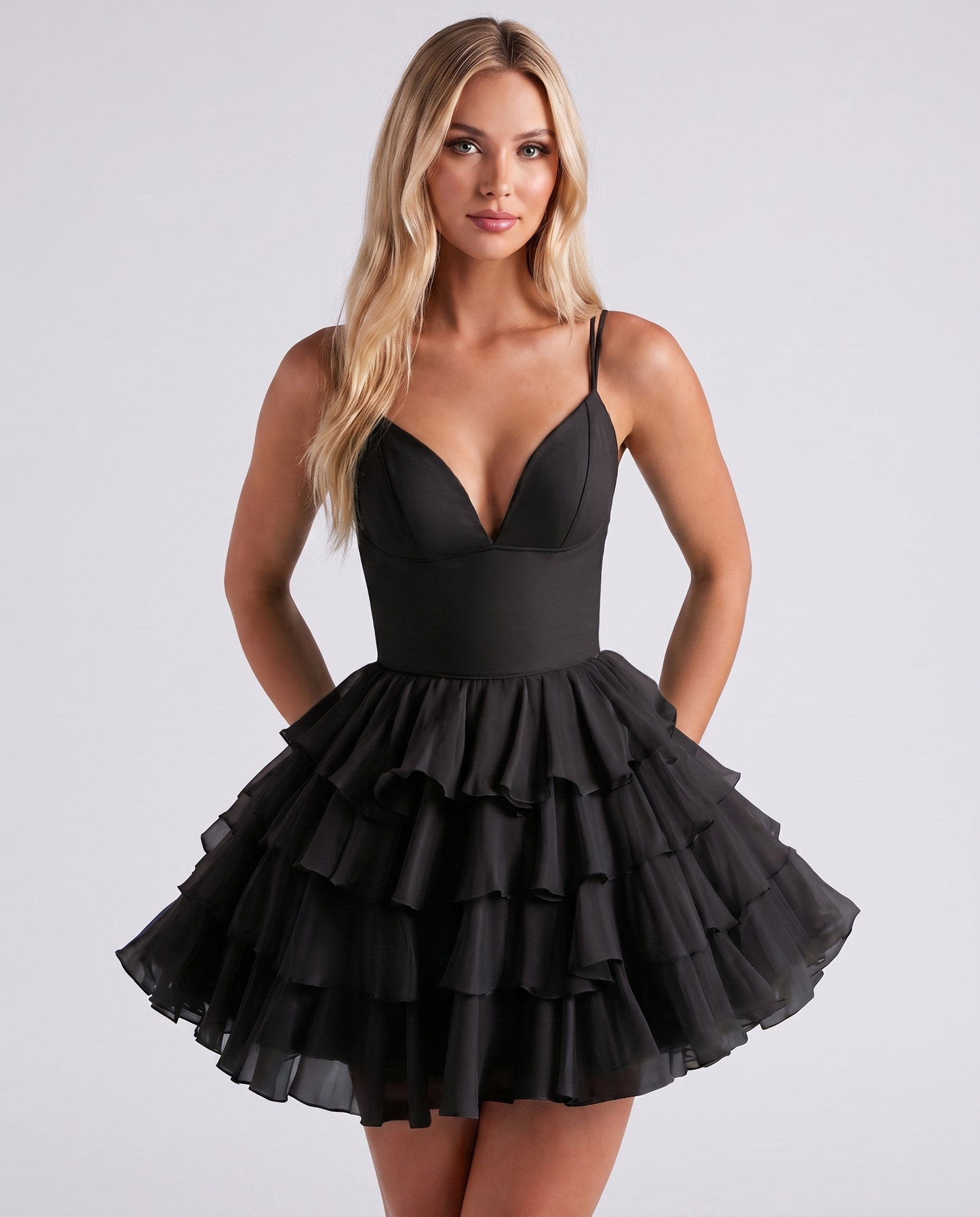 Chiffon Spaghetti Strap Deep V Neck Tiered Ruffle Mini Dress for Homecoming, Graduation, Cocktail, Party, Evening and Summer 