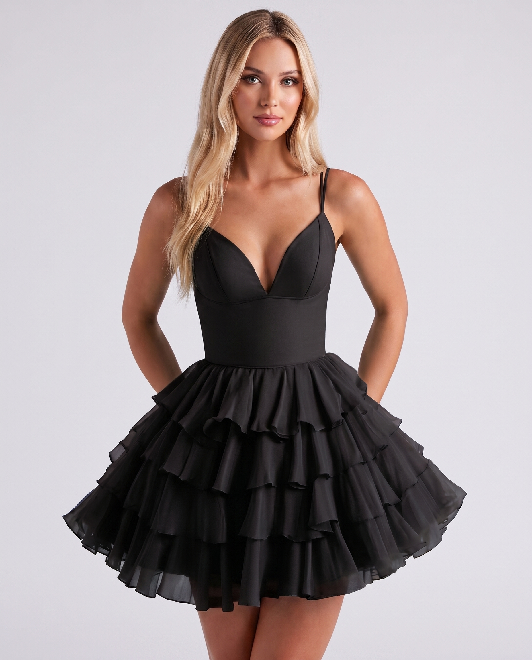 Chiffon Spaghetti Strap Deep V Neck Tiered Ruffle Mini Dress for Homecoming, Graduation, Cocktail, Party, Evening and Summer 