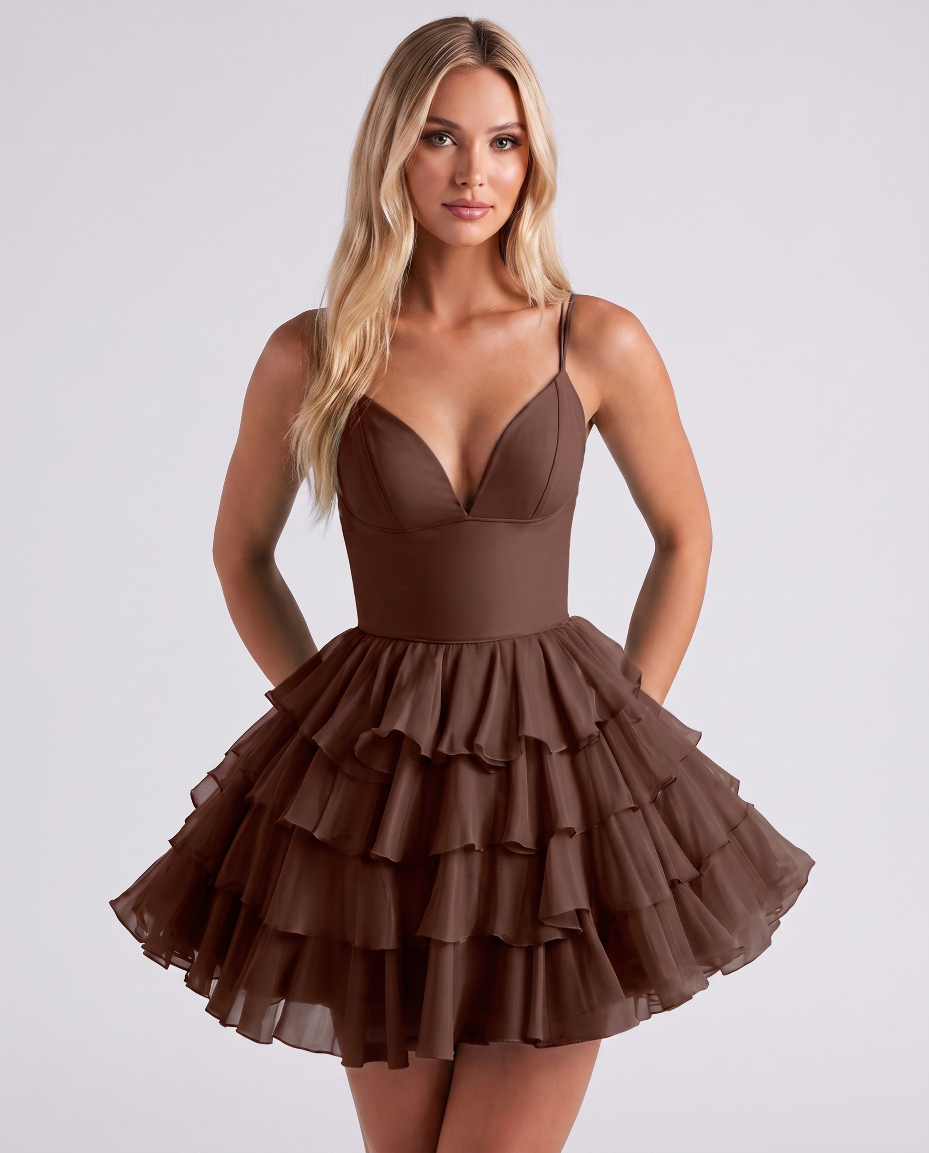 Chiffon Spaghetti Strap Deep V Neck Tiered Ruffle Mini Dress for Homecoming, Graduation, Cocktail, Party, Evening and Summer 