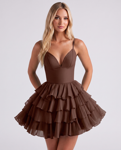 Chiffon Spaghetti Strap Deep V Neck Tiered Ruffle Mini Dress for Homecoming, Graduation, Cocktail, Party, Evening and Summer 