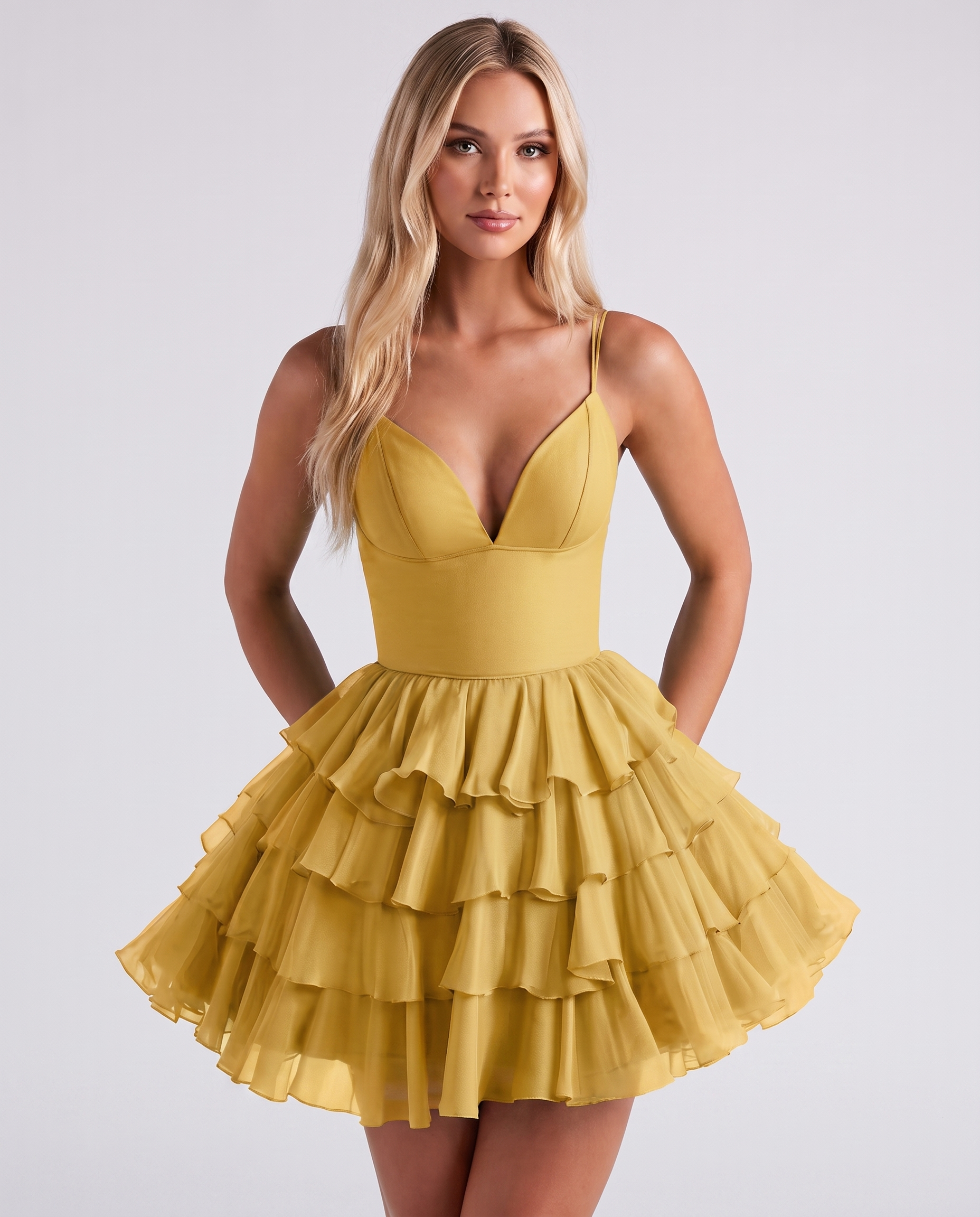 Chiffon Spaghetti Strap Deep V Neck Tiered Ruffle Mini Dress for Homecoming, Graduation, Cocktail, Party, Evening and Summer 