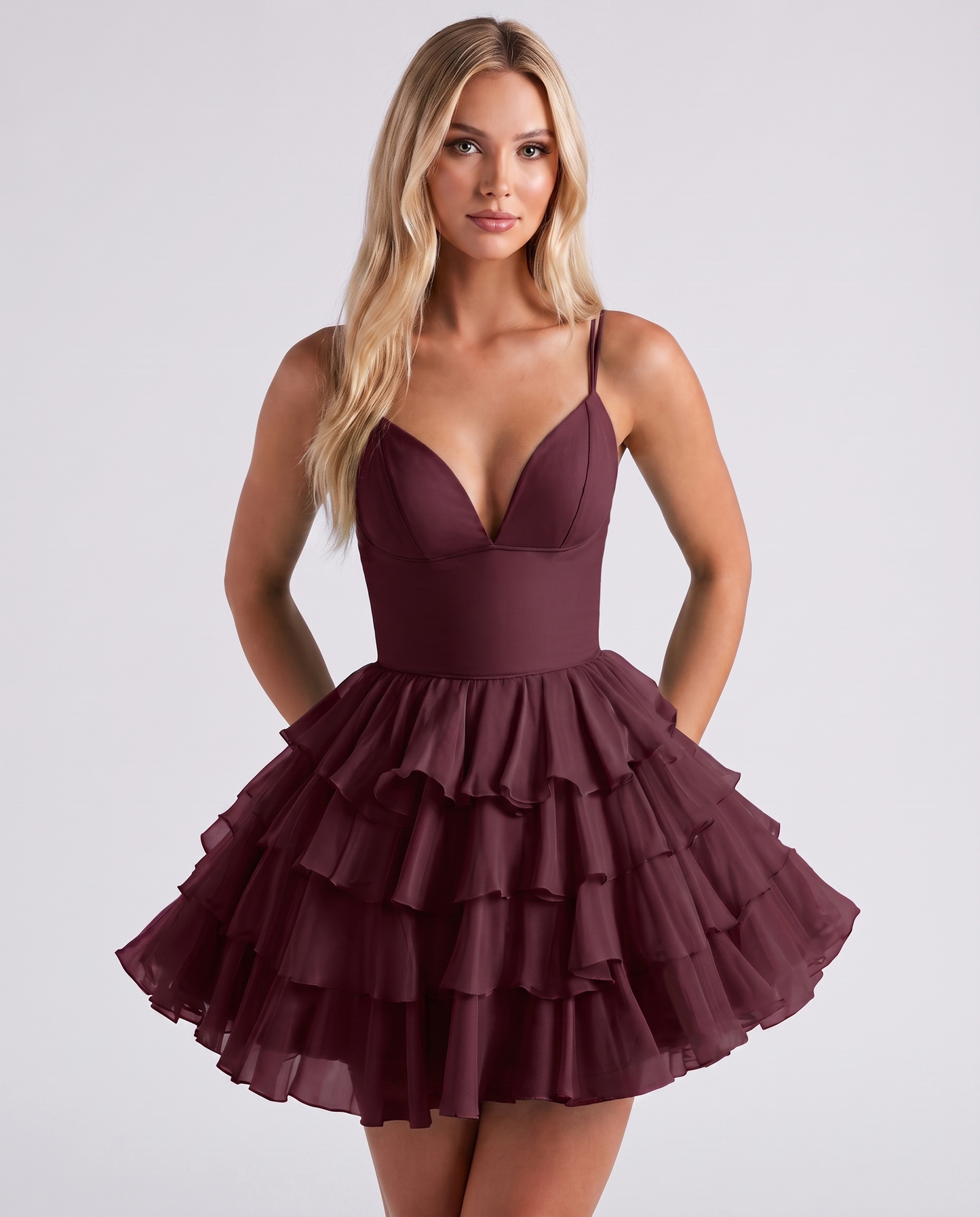 Chiffon Spaghetti Strap Deep V Neck Tiered Ruffle Mini Dress for Homecoming, Graduation, Cocktail, Party, Evening and Summer 