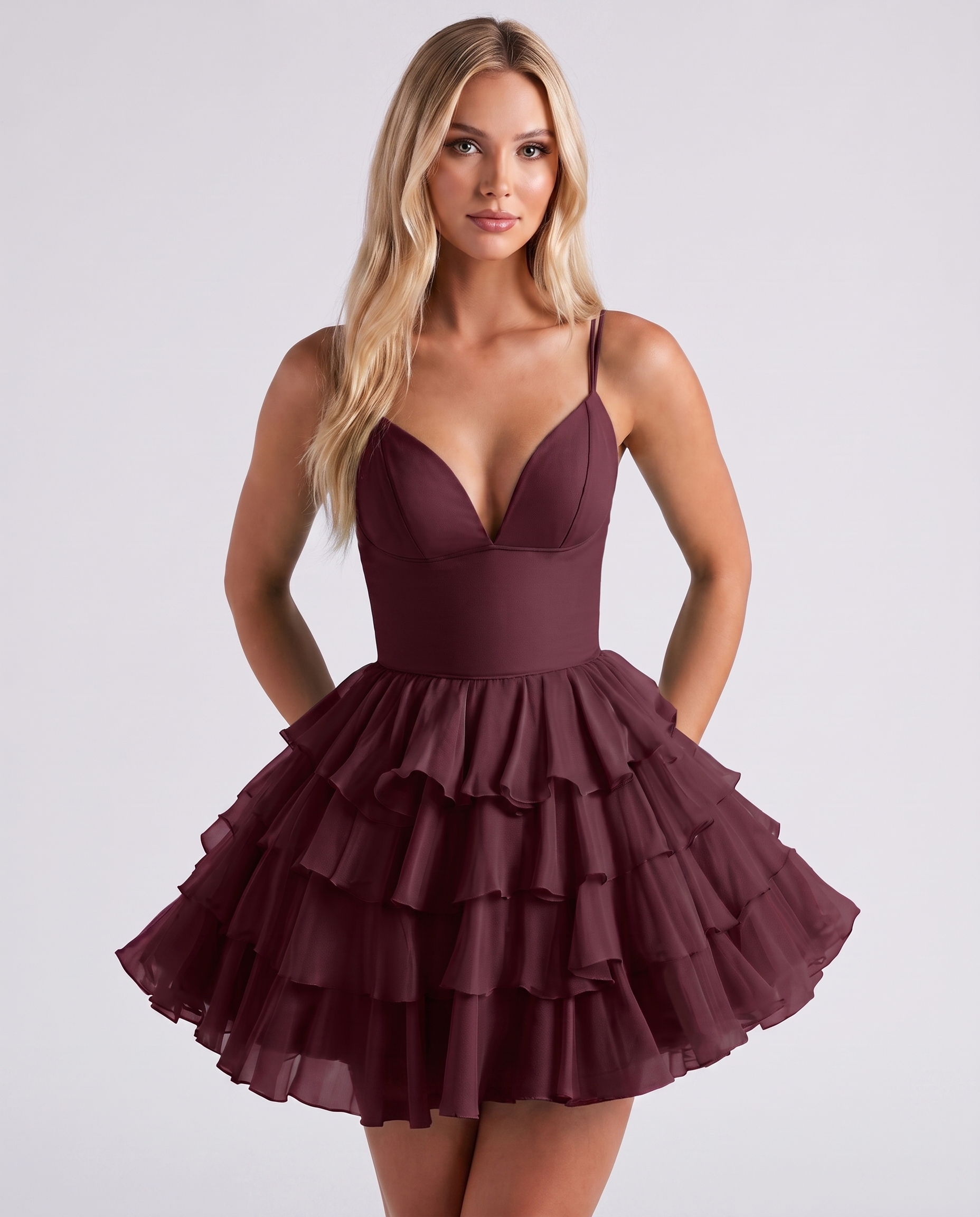 Chiffon Spaghetti Strap Deep V Neck Tiered Ruffle Mini Dress for Homecoming, Graduation, Cocktail, Party, Evening and Summer 