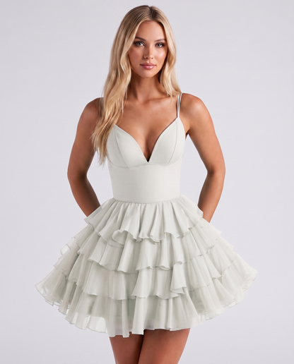 Chiffon Spaghetti Strap Deep V Neck Tiered Ruffle Mini Dress for Homecoming, Graduation, Cocktail, Party, Evening and Summer 