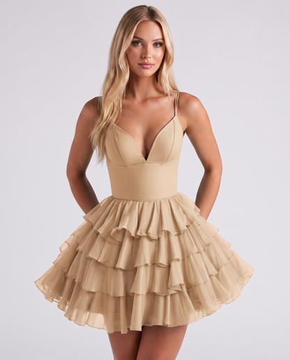 Chiffon Spaghetti Strap Deep V Neck Tiered Ruffle Mini Dress for Homecoming, Graduation, Cocktail, Party, Evening and Summer 
