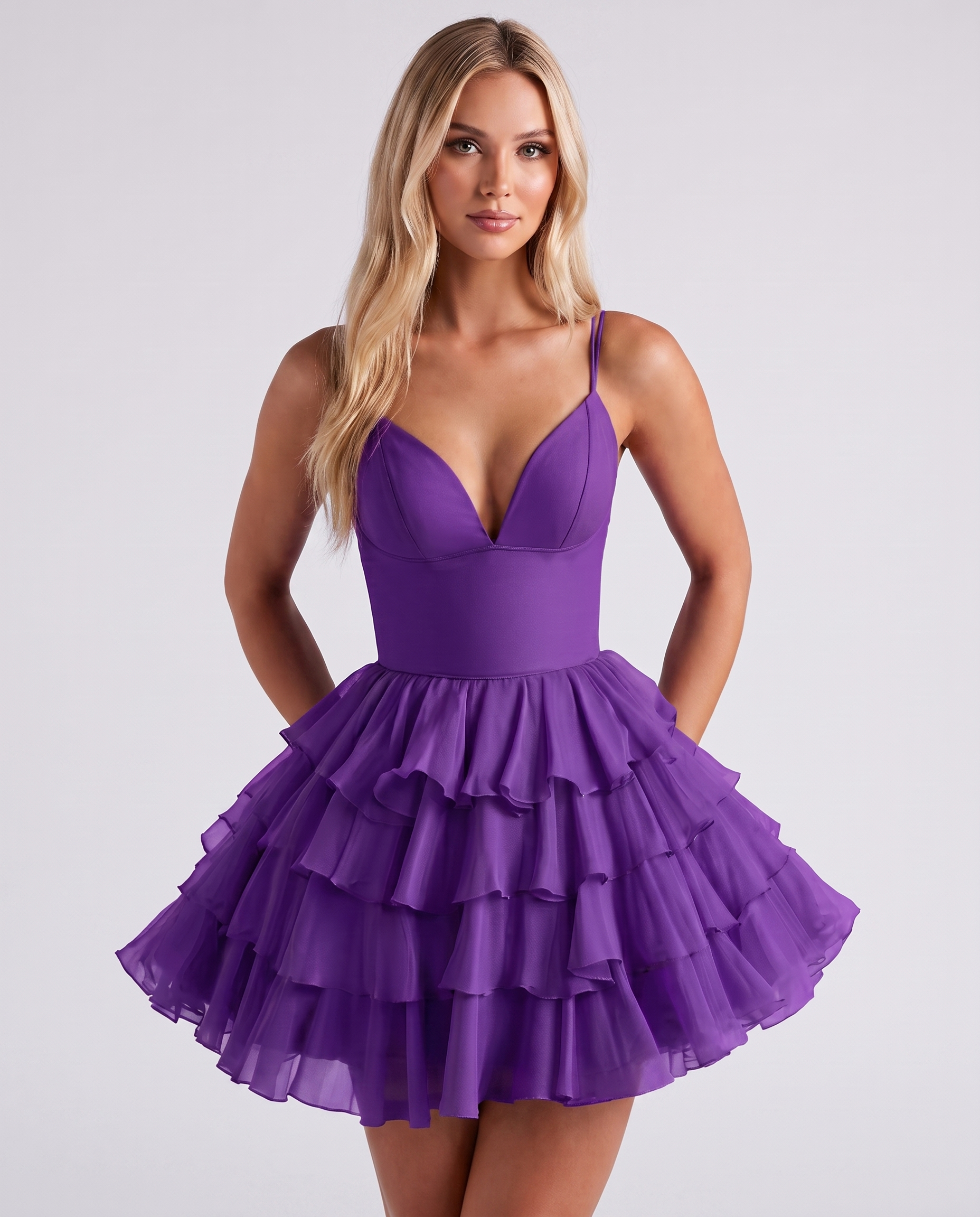 Chiffon Spaghetti Strap Deep V Neck Tiered Ruffle Mini Dress for Homecoming, Graduation, Cocktail, Party, Evening and Summer 