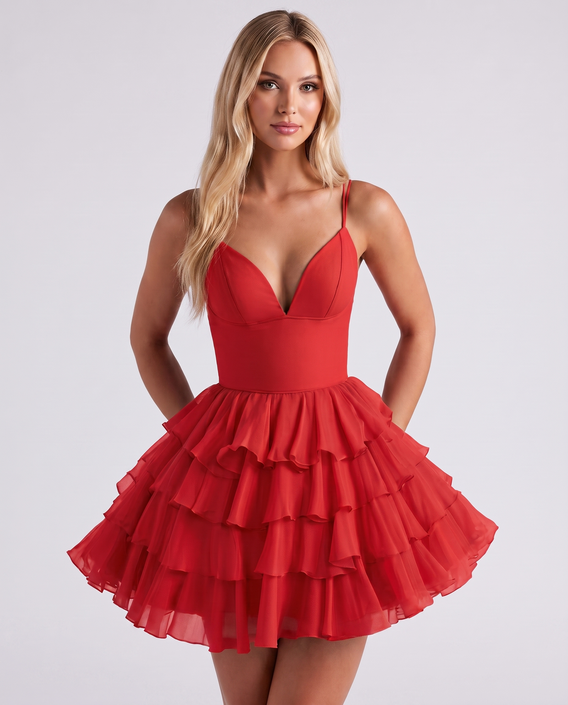 Chiffon Spaghetti Strap Deep V Neck Tiered Ruffle Mini Dress for Homecoming, Graduation, Cocktail, Party, Evening and Summer 