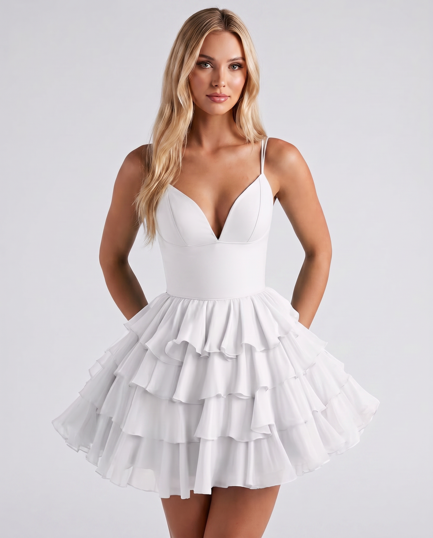 Chiffon Spaghetti Strap Deep V Neck Tiered Ruffle Mini Dress for Homecoming, Graduation, Cocktail, Party, Evening and Summer 