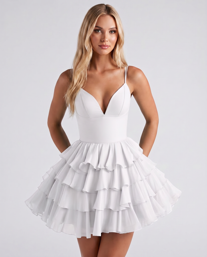 Chiffon Spaghetti Strap Deep V Neck Tiered Ruffle Mini Dress for Homecoming, Graduation, Cocktail, Party, Evening and Summer 