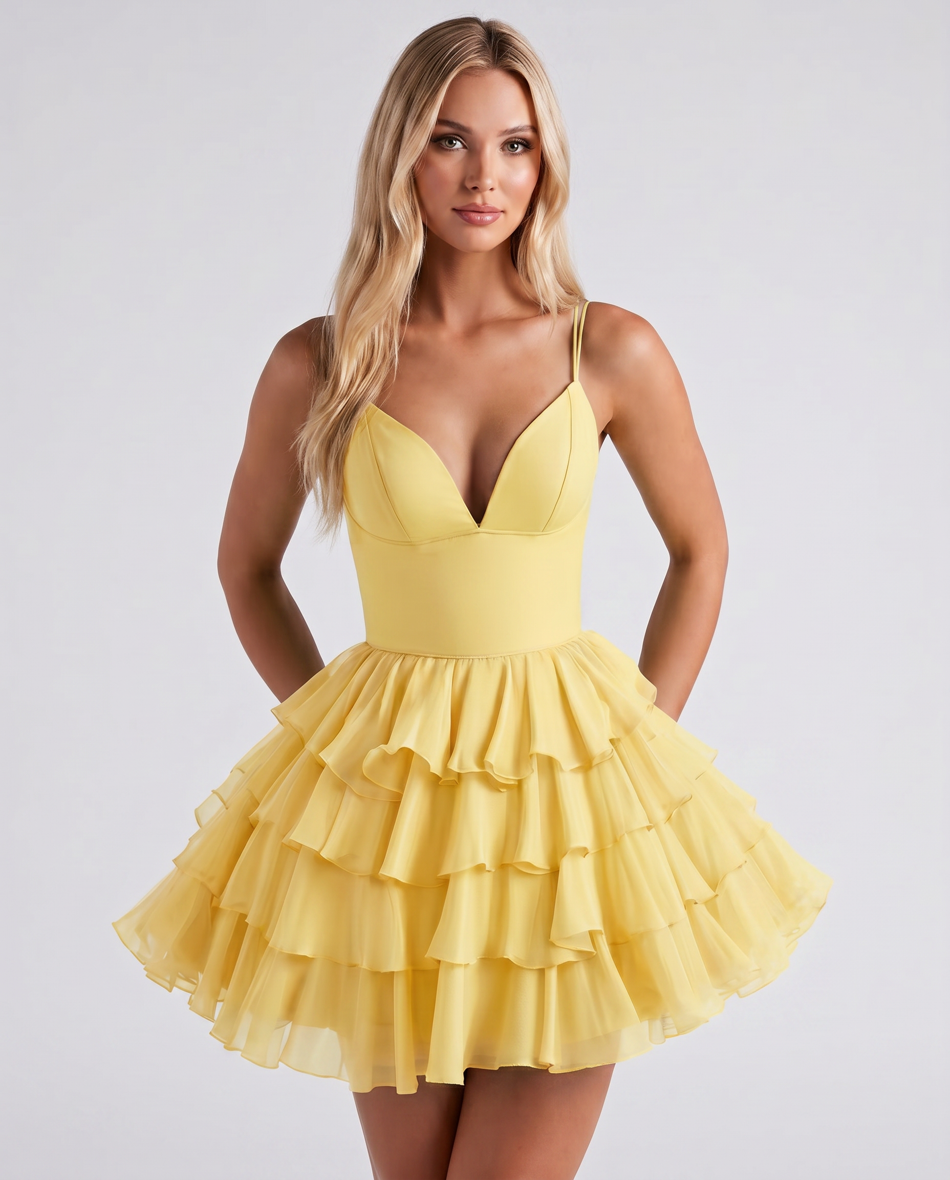 Chiffon Spaghetti Strap Deep V Neck Tiered Ruffle Mini Dress for Homecoming, Graduation, Cocktail, Party, Evening and Summer 