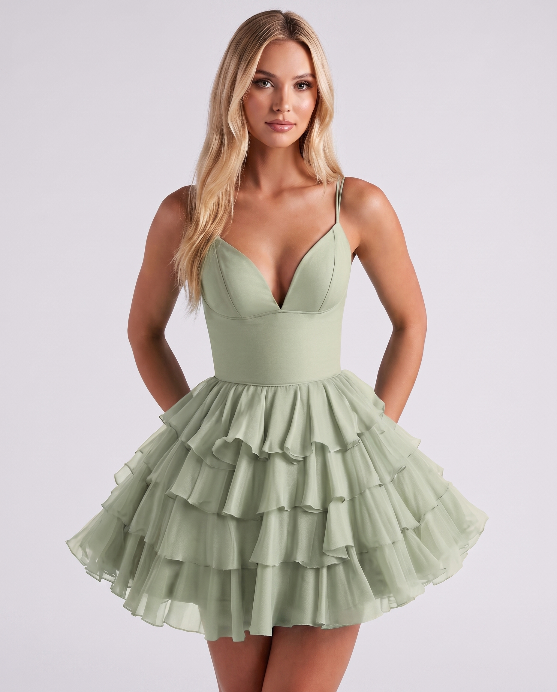 Chiffon Spaghetti Strap Deep V Neck Tiered Ruffle Mini Dress for Homecoming, Graduation, Cocktail, Party, Evening and Summer 