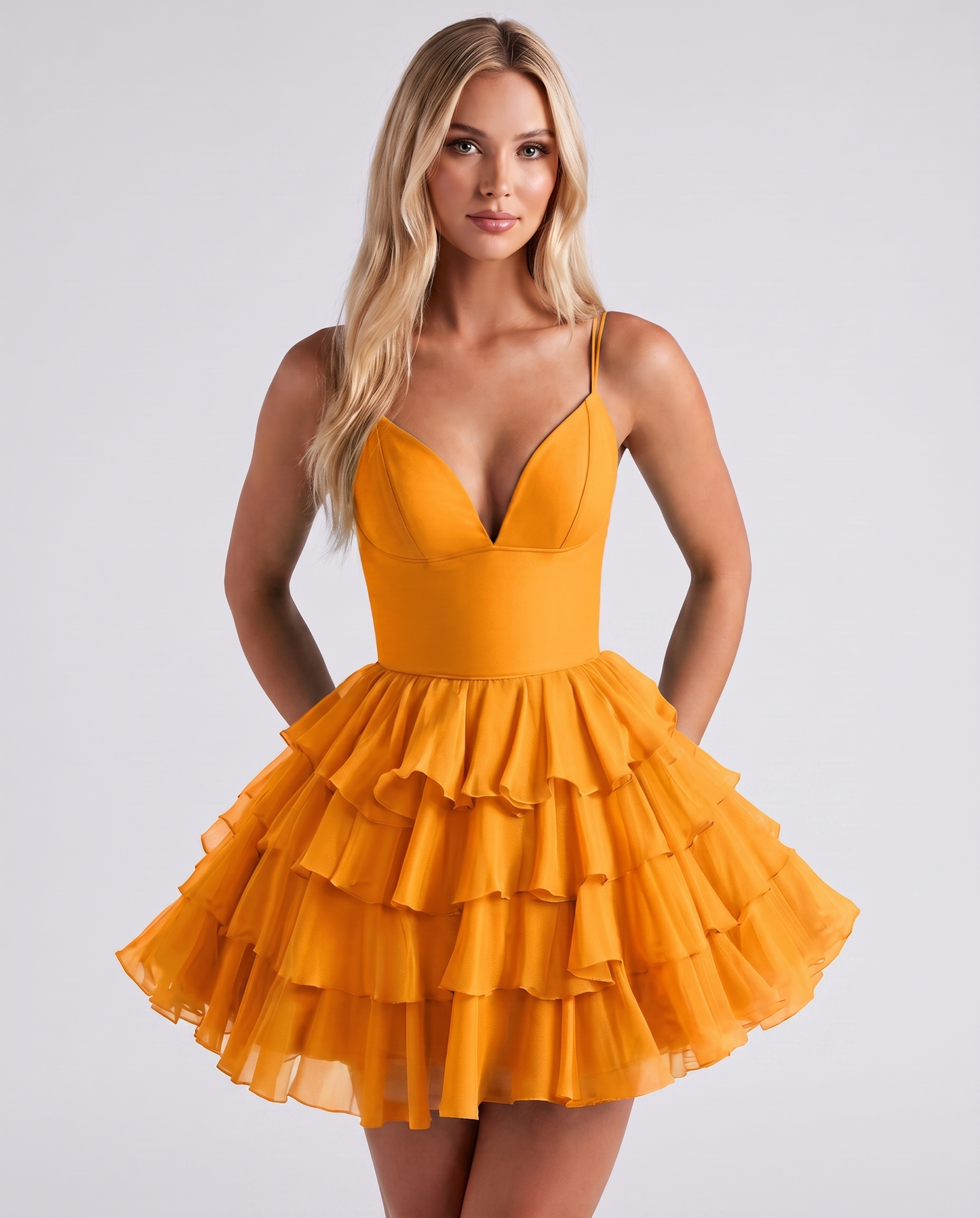 Chiffon Spaghetti Strap Deep V Neck Tiered Ruffle Mini Dress for Homecoming, Graduation, Cocktail, Party, Evening and Summer 