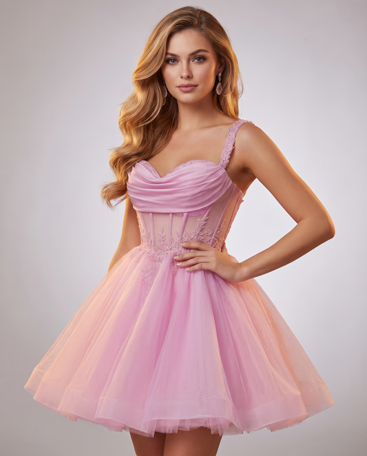 Soft Tulle Sleeveless Sweetheart A-Line Mini Dress with Floral Appliqués for Party, Cocktail, Evening, Summer & Wedding Guest