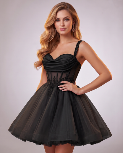 Soft Tulle Sleeveless Sweetheart A-Line Mini Dress with Floral Appliqués for Party, Cocktail, Evening, Summer & Wedding Guest