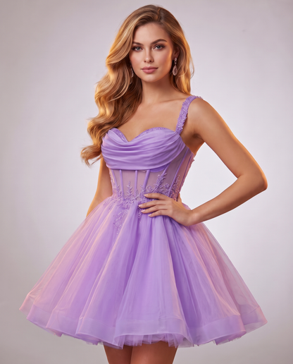 Soft Tulle Sleeveless Sweetheart A-Line Mini Dress with Floral Appliqués for Party, Cocktail, Evening, Summer & Wedding Guest