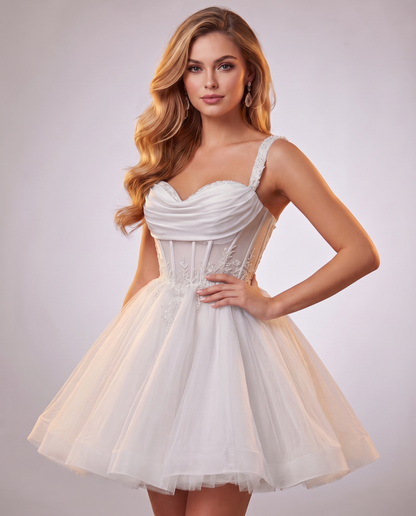 Soft Tulle Sleeveless Sweetheart A-Line Mini Dress with Floral Appliqués for Party, Cocktail, Evening, Summer & Wedding Guest