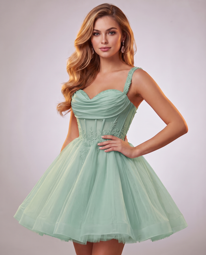 Soft Tulle Sleeveless Sweetheart A-Line Mini Dress with Floral Appliqués for Party, Cocktail, Evening, Summer & Wedding Guest