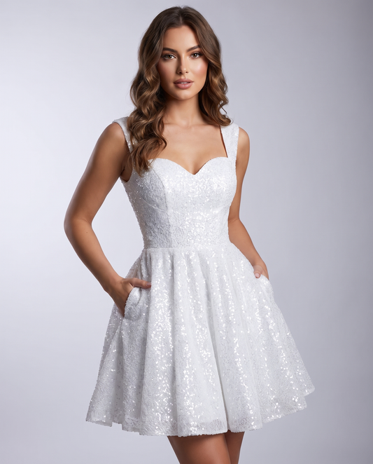 Sequined Tulle Sleeveless Sweetheart A-Line Mini Dress for Party, Cocktail, Prom, Evening, Summer & Wedding Guest Occasions i