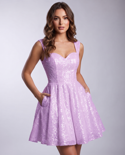 Sequined Tulle Sleeveless Sweetheart A-Line Mini Dress for Party, Cocktail, Prom, Evening, Summer & Wedding Guest Occasions i