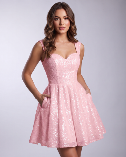 Sequined Tulle Sleeveless Sweetheart A-Line Mini Dress for Party, Cocktail, Prom, Evening, Summer & Wedding Guest Occasions i